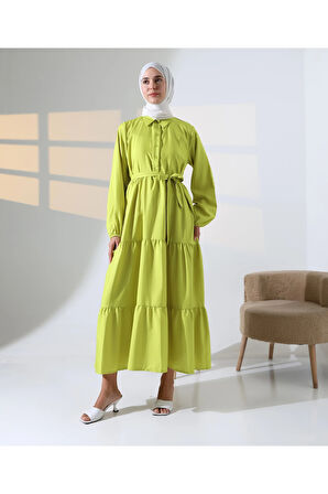Kadın 100% Pamuk Viskon Desenli Yeşil Tesettür Elbise