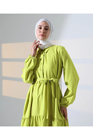 Kadın 100% Pamuk Viskon Desenli Yeşil Tesettür Elbise