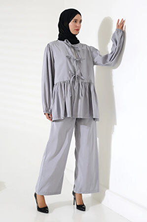 Kadın 100% Pamuk Modal Gri Gömlek Pantolon Tesettür Takım