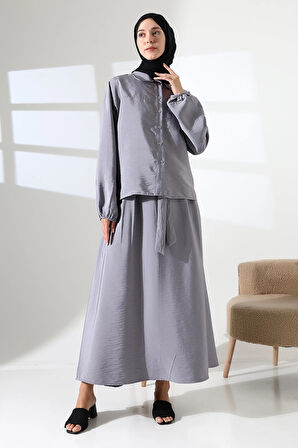 Kadın 100% Pamuk Modal Gri Gömlek Etek Tesettür Takım