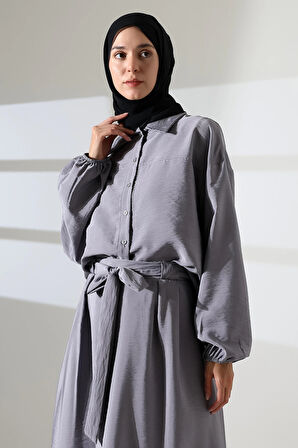 Kadın 100% Pamuk Modal Gri Gömlek Etek Tesettür Takım