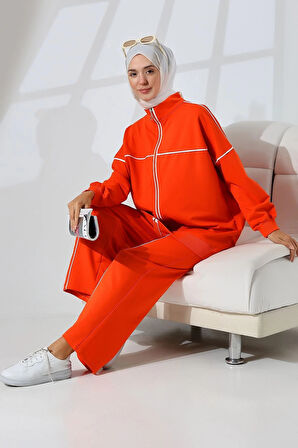 Kadın Turuncu Mevsimlik Penye Alt Üst Spor ve Rahat Tesettür Takım