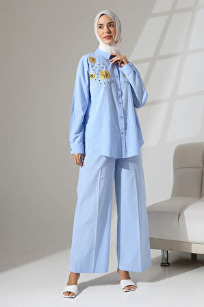 100% Pamuk Keten Günlük ve Rahat Çiçek Desen Nakışlı Taşlı Gömlek Pantolon Yazlık Alt Üst Takım