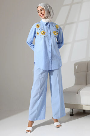 100% Pamuk Keten Günlük ve Rahat Çiçek Desen Nakışlı Taşlı Gömlek Pantolon Yazlık Alt Üst Takım