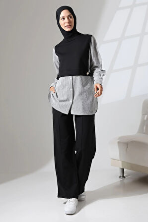 Kadın Siyah Mevsimlik Penye Alt Üst Spor Ve Rahat Ikili Tunik Pantolon Şık Tesettür Takım
