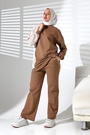 Kadın Mevsimlik Alt Üst Rahat Kahverengi Spor Ikili Tunik Pantolon Şık Tesettür Takım