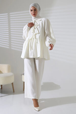 Kadın 100% Pamuk Modal Beyaz Gömlek Pantolon Tesettür Takım