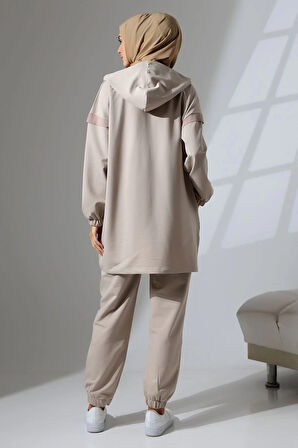 Kadın Taş Rengi Mevsimlik Penye Alt Üst Spor Ve Rahat Ikili Tunik Pantolon Şık Tesettür Takım