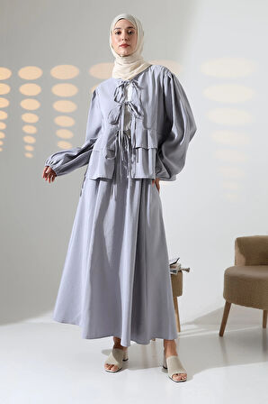 Kadın 100% Pamuk Modal Gri Gömlek Etek Tesettür Takım