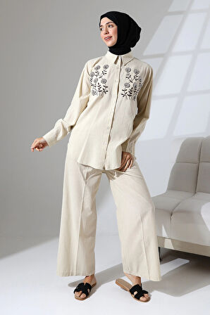 100% Pamuk Keten Günlük ve Rahat Çiçek Desen Nakışlı Taşlı Gömlek Pantolon Yazlık Alt Üst Takım