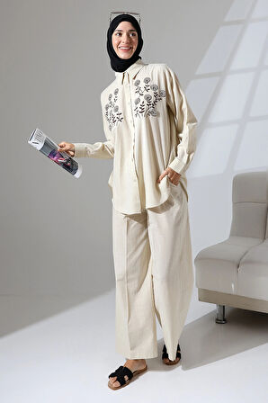 100% Pamuk Keten Günlük ve Rahat Çiçek Desen Nakışlı Taşlı Gömlek Pantolon Yazlık Alt Üst Takım