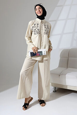 100% Pamuk Keten Günlük ve Rahat Çiçek Desen Nakışlı Taşlı Gömlek Pantolon Yazlık Alt Üst Takım