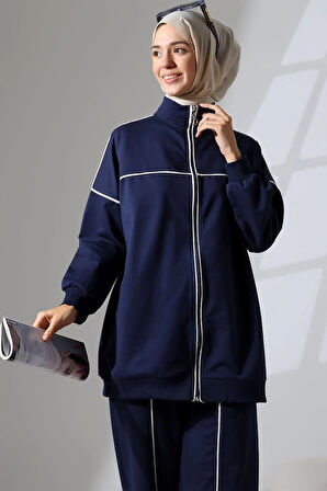 Kadın Lacivert Mevsimlik Penye Alt Üst Spor Ve Rahat Ikili Tunik Pantolon Şık Tesettür Takım
