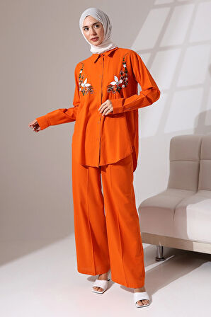 100% Pamuk Keten Günlük ve Rahat Çiçek Desen Nakışlı Taşlı Gömlek Pantolon Yazlık Alt Üst Takım