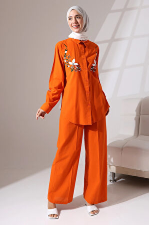 100% Pamuk Keten Günlük ve Rahat Çiçek Desen Nakışlı Taşlı Gömlek Pantolon Yazlık Alt Üst Takım