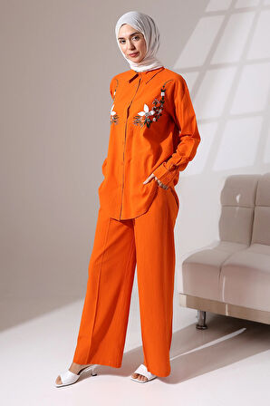 100% Pamuk Keten Günlük ve Rahat Çiçek Desen Nakışlı Taşlı Gömlek Pantolon Yazlık Alt Üst Takım