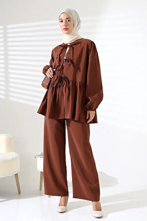 Kadın 100% Pamuk Modal Kahverengi Gömlek Pantolon Tesettür Takım