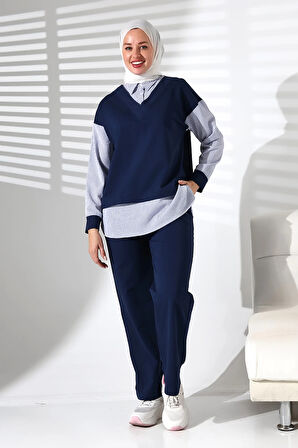 Kadın Mevsimlik Alt ve Üst Rahat Lacivert Spor Tesettür Takım