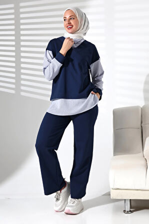 Kadın Mevsimlik Alt ve Üst Rahat Lacivert Spor Tesettür Takım
