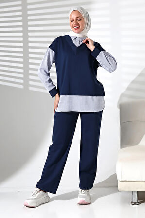 Kadın Mevsimlik Alt ve Üst Rahat Lacivert Spor Tesettür Takım