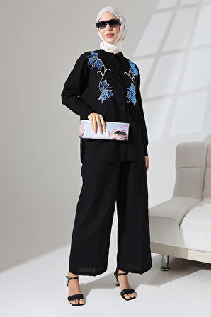 100% Pamuk Keten Günlük ve Rahat Çiçek Desen Nakışlı Pullu Gömlek Pantolon Yazlık Alt Üst  Takım