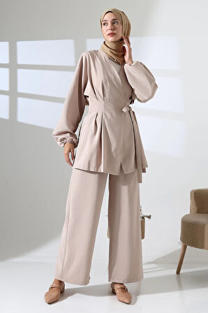 Kadın 100% Pamuk Modal Krem Kimono Pantolon Tesettür Takım