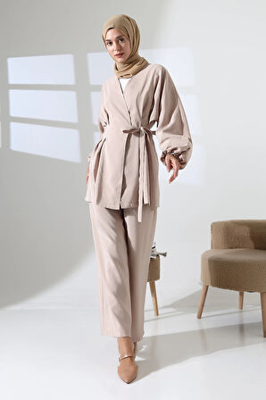 Kadın 100% Pamuk Modal Krem Kimono Pantolon Tesettür Takım