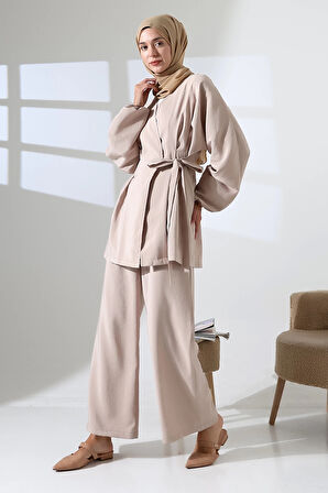 Kadın 100% Pamuk Modal Krem Kimono Pantolon Tesettür Takım