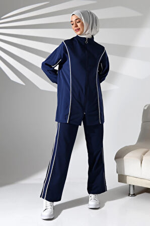 Kadın Mevsimlik Penye Alt Üst Spor Ve Rahat Lacivert Ikili Tunik Pantolon Şık Tesettür Takım