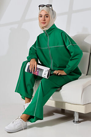Kadın Benetton Yeşili Mevsimlik Penye Alt Üst Spor Ve Rahat Ikili Tunik Pantolon Şık Tesettür Takım