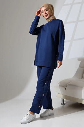 Kadın Lacivert Mevsimlik Penye Alt Üst Spor Ve Rahat Ikili Tunik Pantolon Şık Tesettür Takım