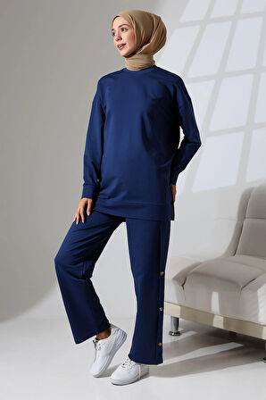 Kadın Lacivert Mevsimlik Penye Alt Üst Spor Ve Rahat Ikili Tunik Pantolon Şık Tesettür Takım