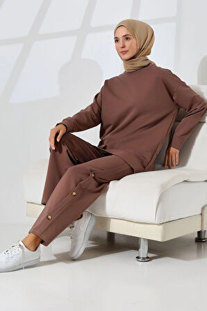 Kadın Kahverengi Mevsimlik Penye Alt Üst Spor Ve Rahat Ikili Tunik Pantolon Şık Tesettür Takım