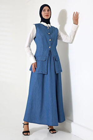 Kadın 100% Pamuk Kot Mavi Yelek Etek Tesettür Takım