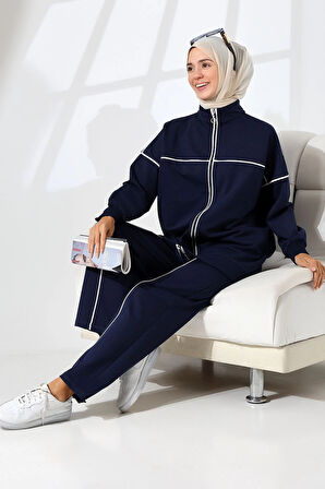 Kadın Lacivert Mevsimlik Penye Alt Üst Spor Ve Rahat Ikili Tunik Pantolon Şık Tesettür Takım