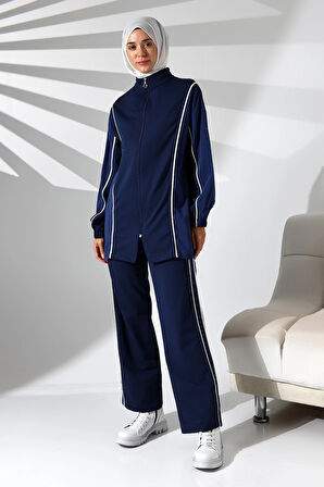 Kadın Mevsimlik Penye Alt Üst Spor Ve Rahat Lacivert Ikili Tunik Pantolon Şık Tesettür Takım