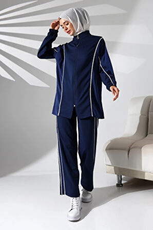 Kadın Mevsimlik Penye Alt Üst Spor Ve Rahat Lacivert Ikili Tunik Pantolon Şık Tesettür Takım
