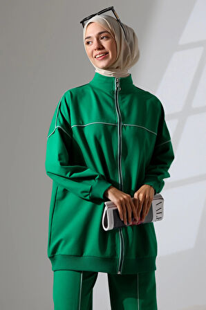 Kadın Benetton Yeşili Mevsimlik Penye Alt Üst Spor Ve Rahat Ikili Tunik Pantolon Şık Tesettür Takım