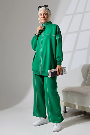 Kadın Benetton Yeşili Mevsimlik Penye Alt Üst Spor Ve Rahat Ikili Tunik Pantolon Şık Tesettür Takım