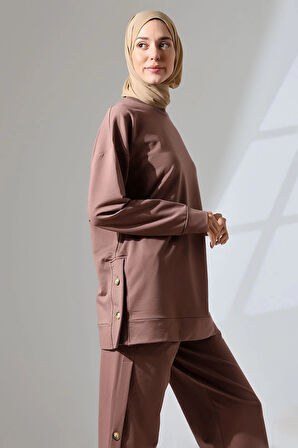 Kadın Kahverengi Mevsimlik Penye Alt Üst Spor Ve Rahat Ikili Tunik Pantolon Şık Tesettür Takım