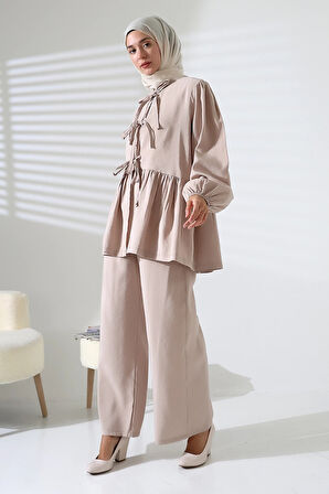 Kadın 100% Pamuk Modal Taş Rengi Gömlek Pantolon Tesettür Takım