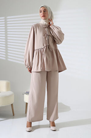 Kadın 100% Pamuk Modal Taş Rengi Gömlek Pantolon Tesettür Takım