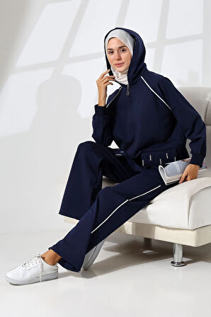Kadın Lacivert Mevsimlik Penye Alt Üst Spor Ve Rahat Ikili Tunik Pantolon Şık Tesettür Takım