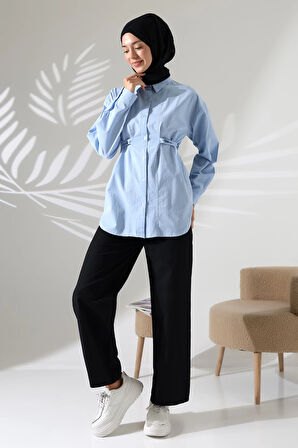 Kadın 100% Pamuk Poplin Kumaş Mavi Tesettür Gömlek