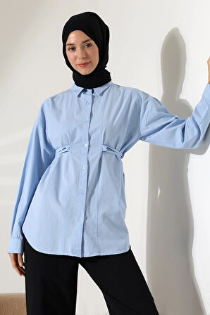 Kadın 100% Pamuk Poplin Kumaş Mavi Tesettür Gömlek