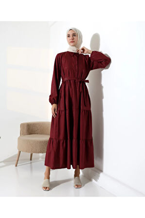 Kadın 100% Pamuk Viskon Desenli Bordo Tesettür Elbise
