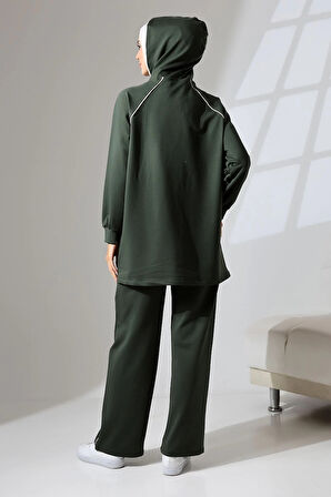Kadın Haki Yeşili Mevsimlik Penye Alt Üst Spor Ve Rahat Ikili Tunik Pantolon Şık Tesettür Takım