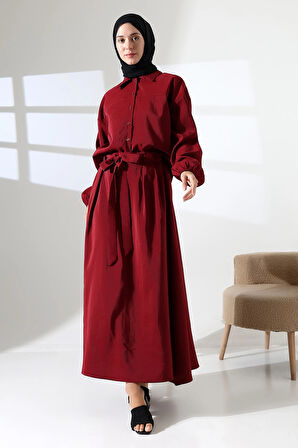 Kadın 100% Pamuk Modal Bordo Gömlek Etek Tesettür Takım