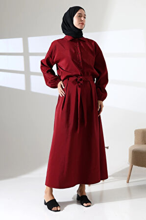 Kadın 100% Pamuk Modal Bordo Gömlek Etek Tesettür Takım