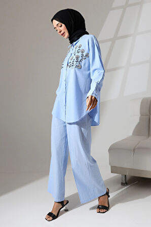 100% Pamuk Keten Günlük ve Rahat Çiçek Desen Nakışlı Taşlı Gömlek Pantolon Yazlık Alt Üst Takım